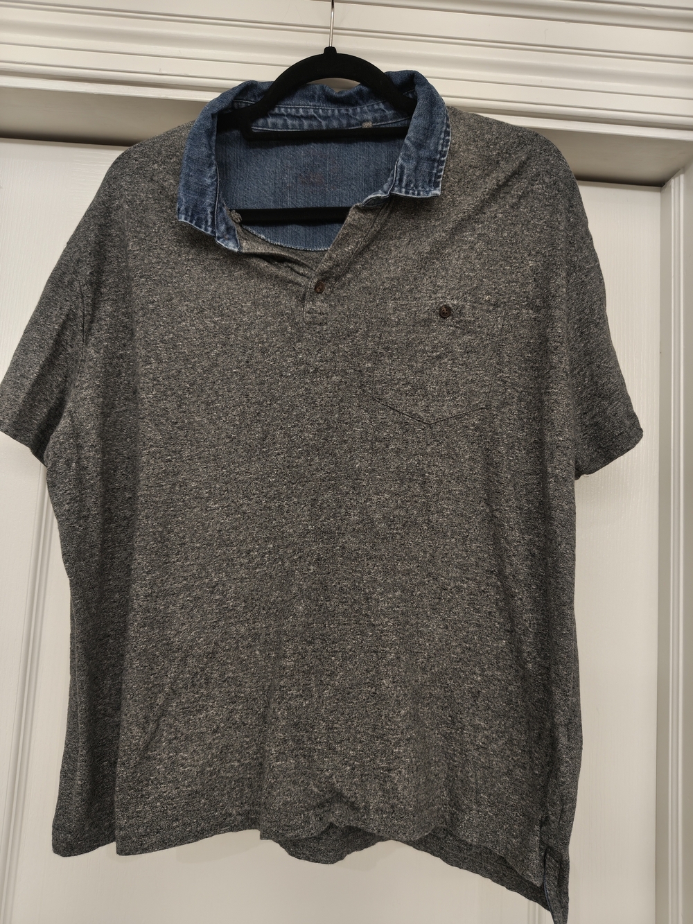 Vintage Primark Men's Gray Polo with Blue Denim-Style Collar